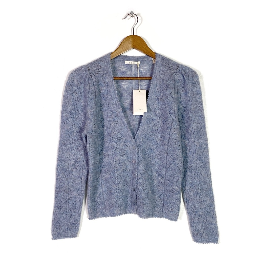 Doen Powder Blue Mohair Blend Pointelle Cardigan - Picture 3 of 7